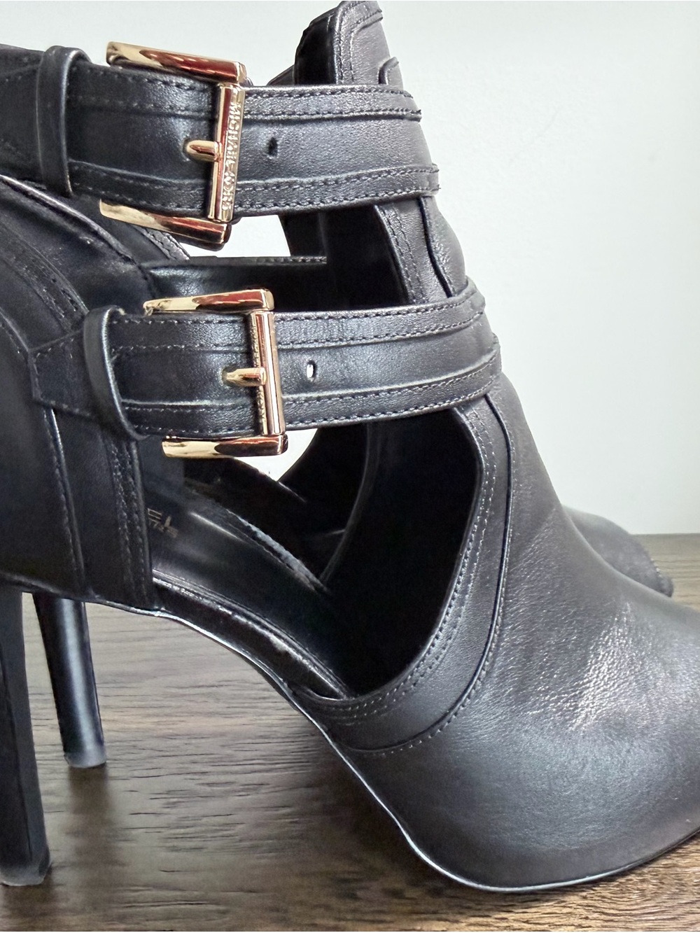 Michael Kors Black Cutout Strappy High-Heel Sandals with Gold Buckles
